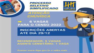 Abertas as inscrições para processo seletivo simplificado do IBGE, para preencher 6 vagas em Chuvisca