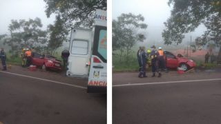 Colisão frontal entre dois automóveis, com lesões corporais, na ERS-122, em Flores da Cunha