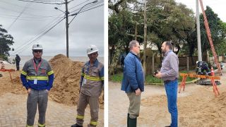 Equipe da CEEE Equatorial trabalha para resolver a situação dos postes caídos no Bairro Caramuru, em Arambaré