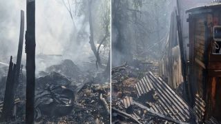 Corpo de Bombeiros atende incêndio num galpão de madeira e vegetação, na Itaí, em Eldorado do Sul